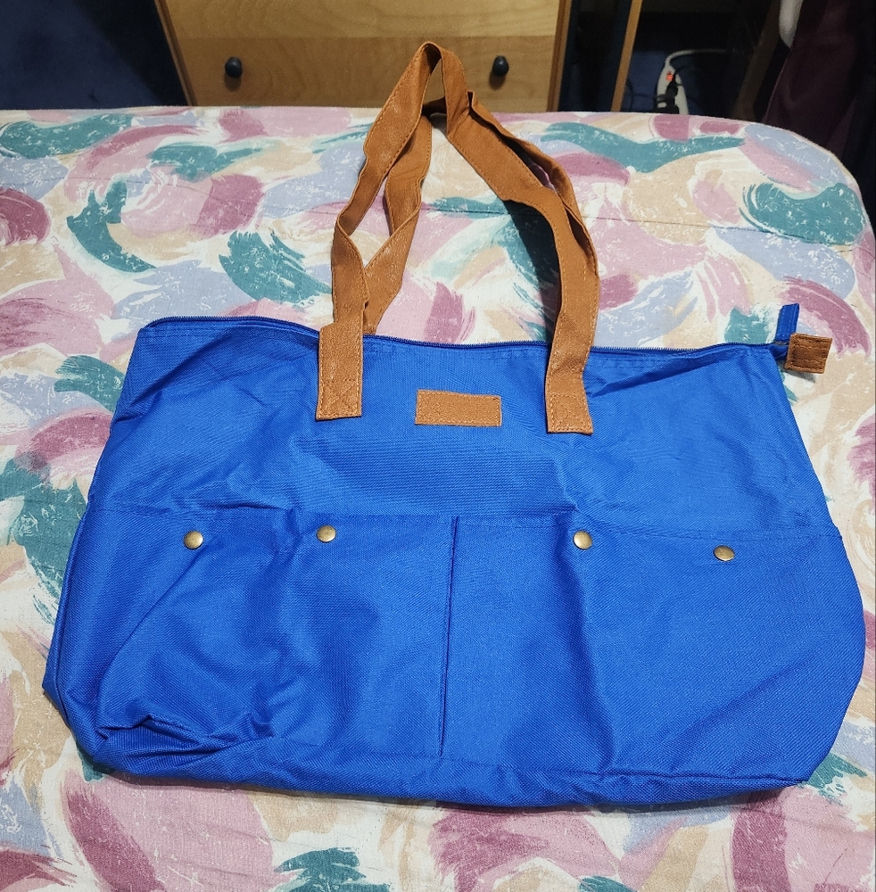 Blue Tote Bag with Brown Handles
